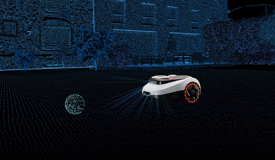 Navimow i2 LiDAR robotic mower with 360-degree sensor on a sunny lawn